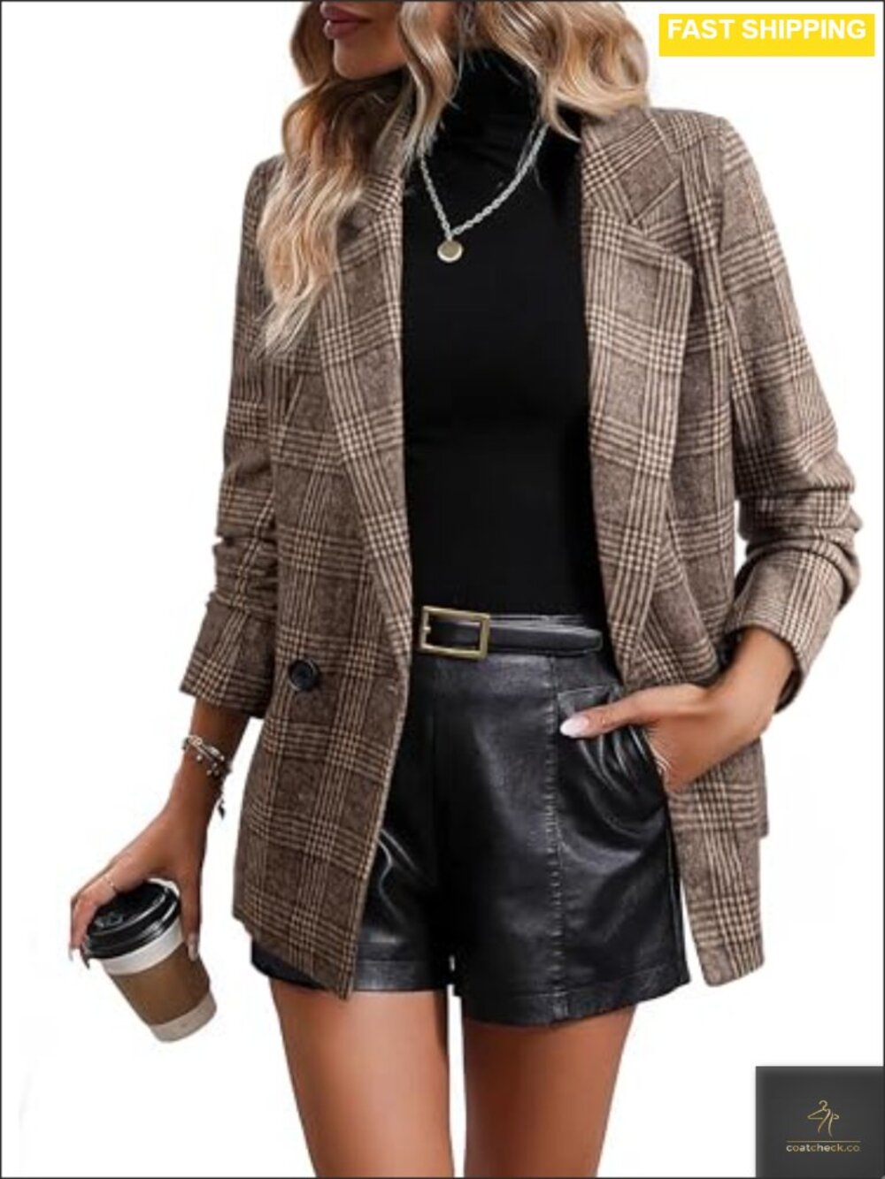 Plaid Blazer Double Breasted Open Front Work Suit Jacket with Pockets